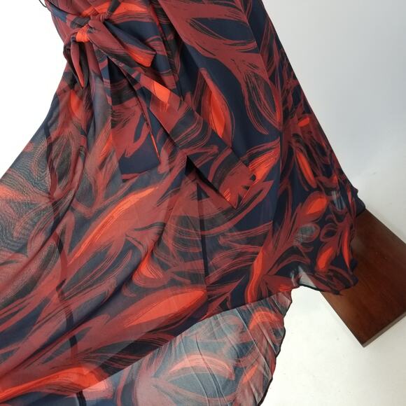 Vince Camuto Red Blue Sheer Overlay 1 Shoulder Sleeveless Tie Waist Dress 10 - Picture 4 of 7